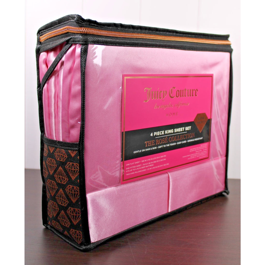 Juicy Couture Juicy Pink Satin 4pc KING Sheet Set Easy Care Soft Sleek Smooth