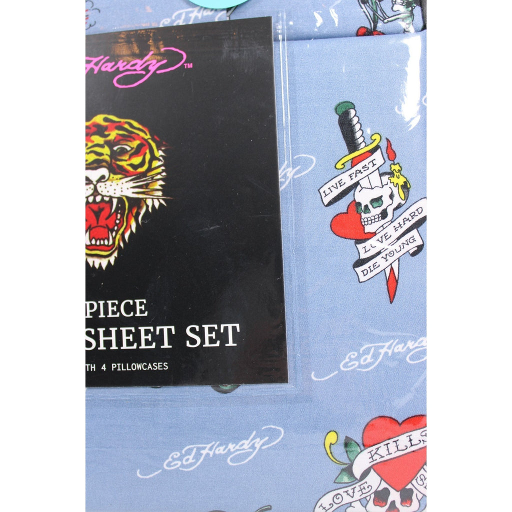 Ed Hardy QUEEN Sheet Set Blue Motorcycle Skull Love Kills Slowly Dagger 6 Piece