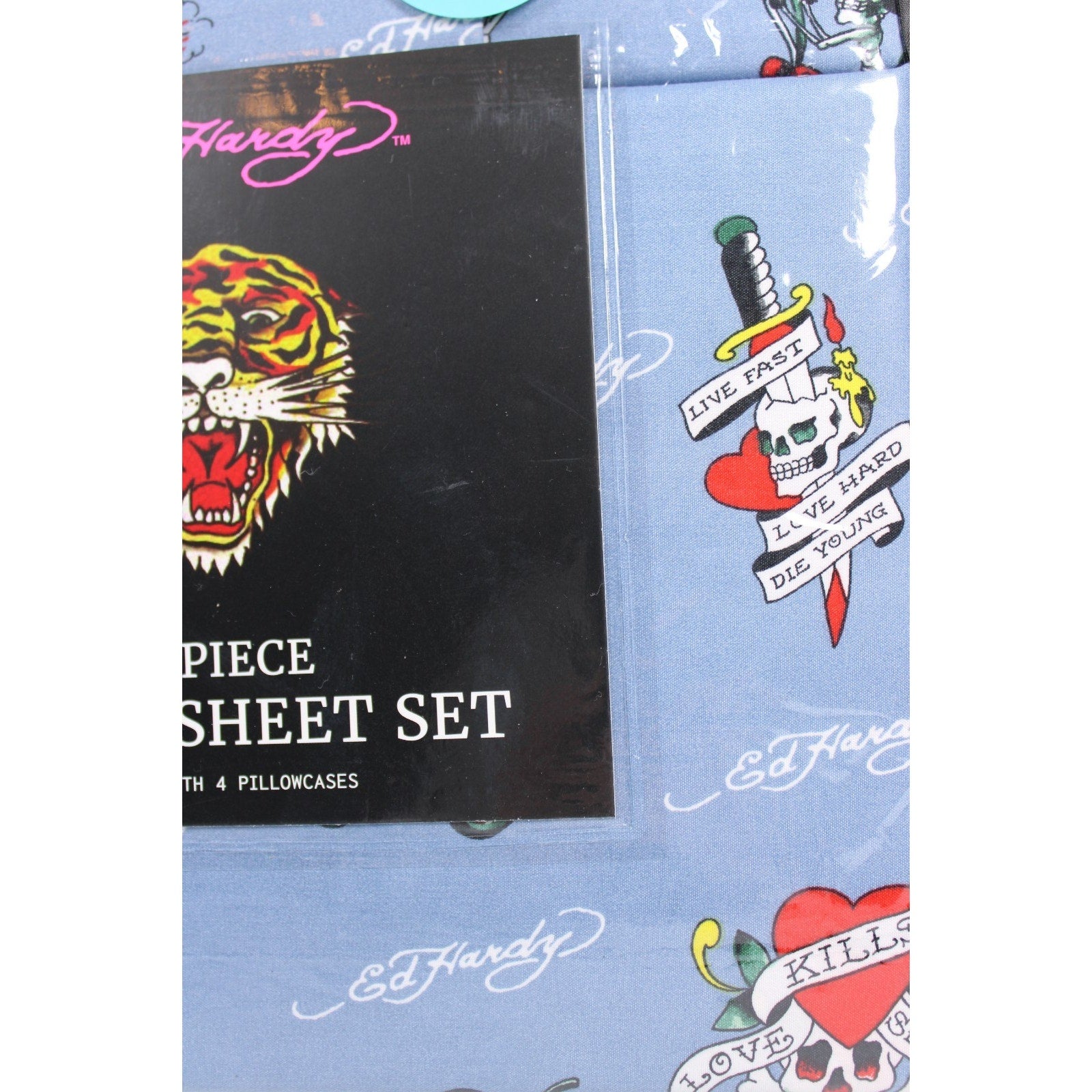 Ed Hardy QUEEN Sheet Set Blue Motorcycle Skull Love Kills Slowly Dagger 6 Piece