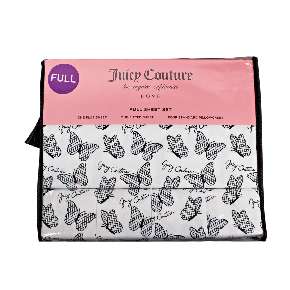 Juicy Couture FULL 6 pc Bed Sheet Set Black and White Checkered Butterflies