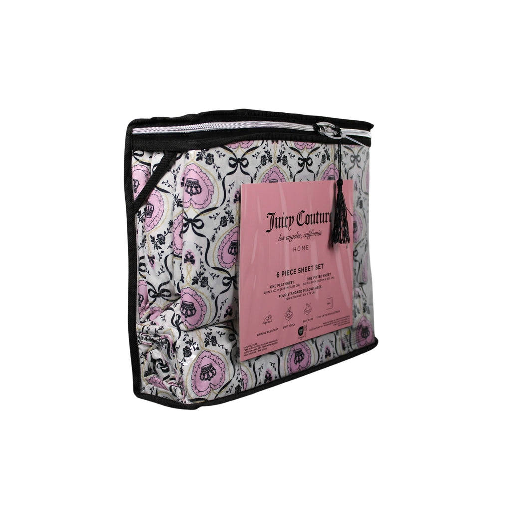 Juicy Couture Queen Sheet Set 6 Piece Black Crown Black Roses, Bows, Logos - NEW