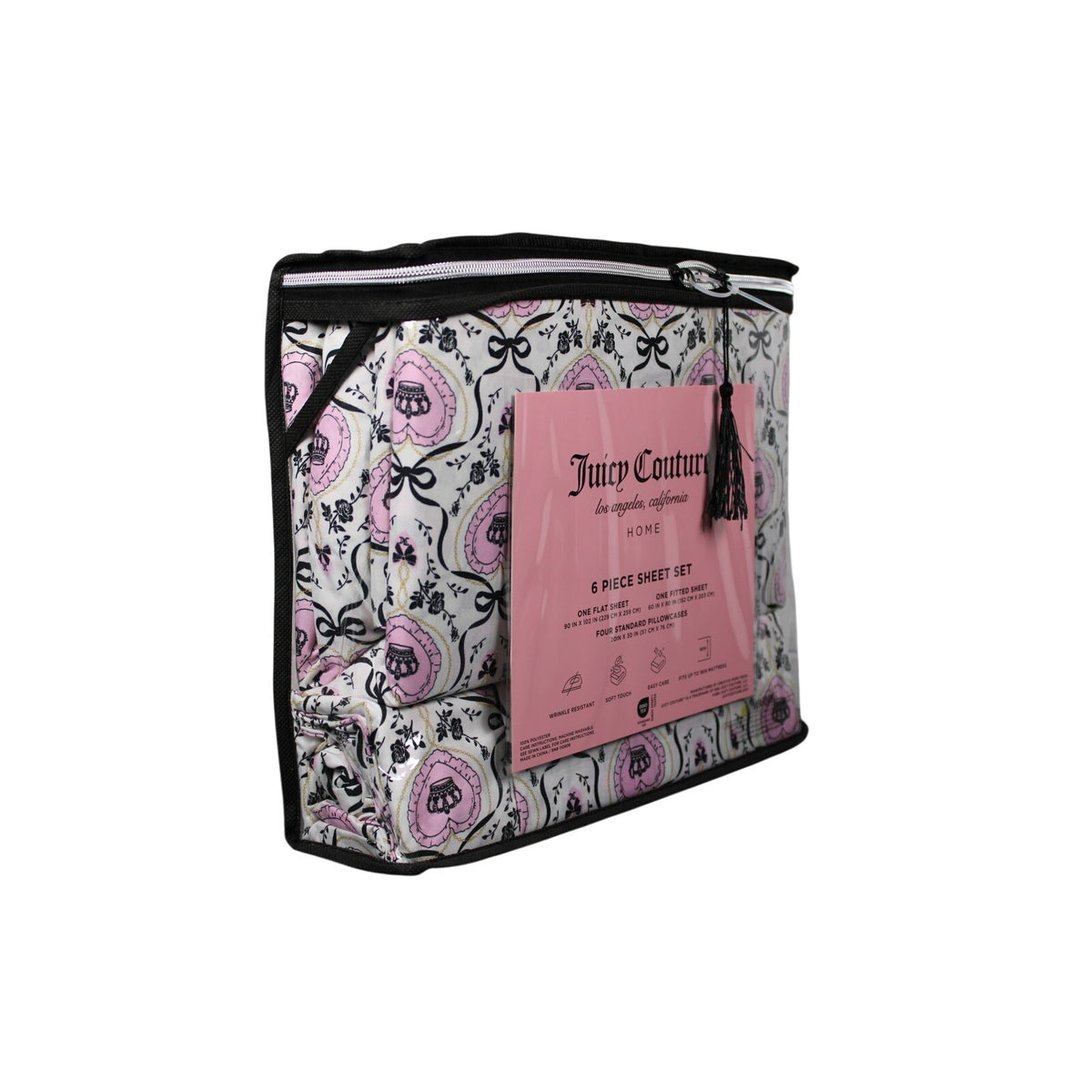 Juicy Couture Queen Sheet Set 6 Piece Black Crown Black Roses, Bows, Logos - NEW