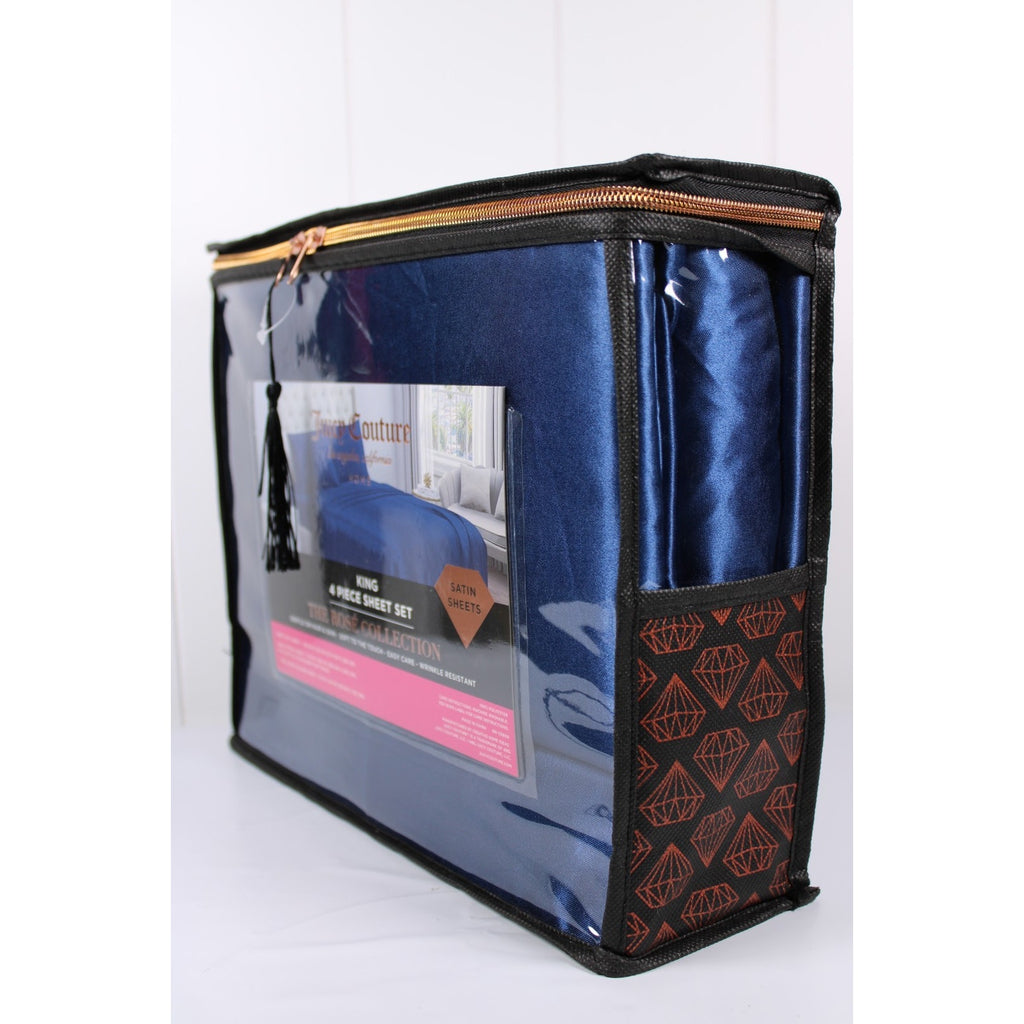 JUICY COUTURE 4-Piece Blue Satin Sheet Set - King Size - The Rosé Collection