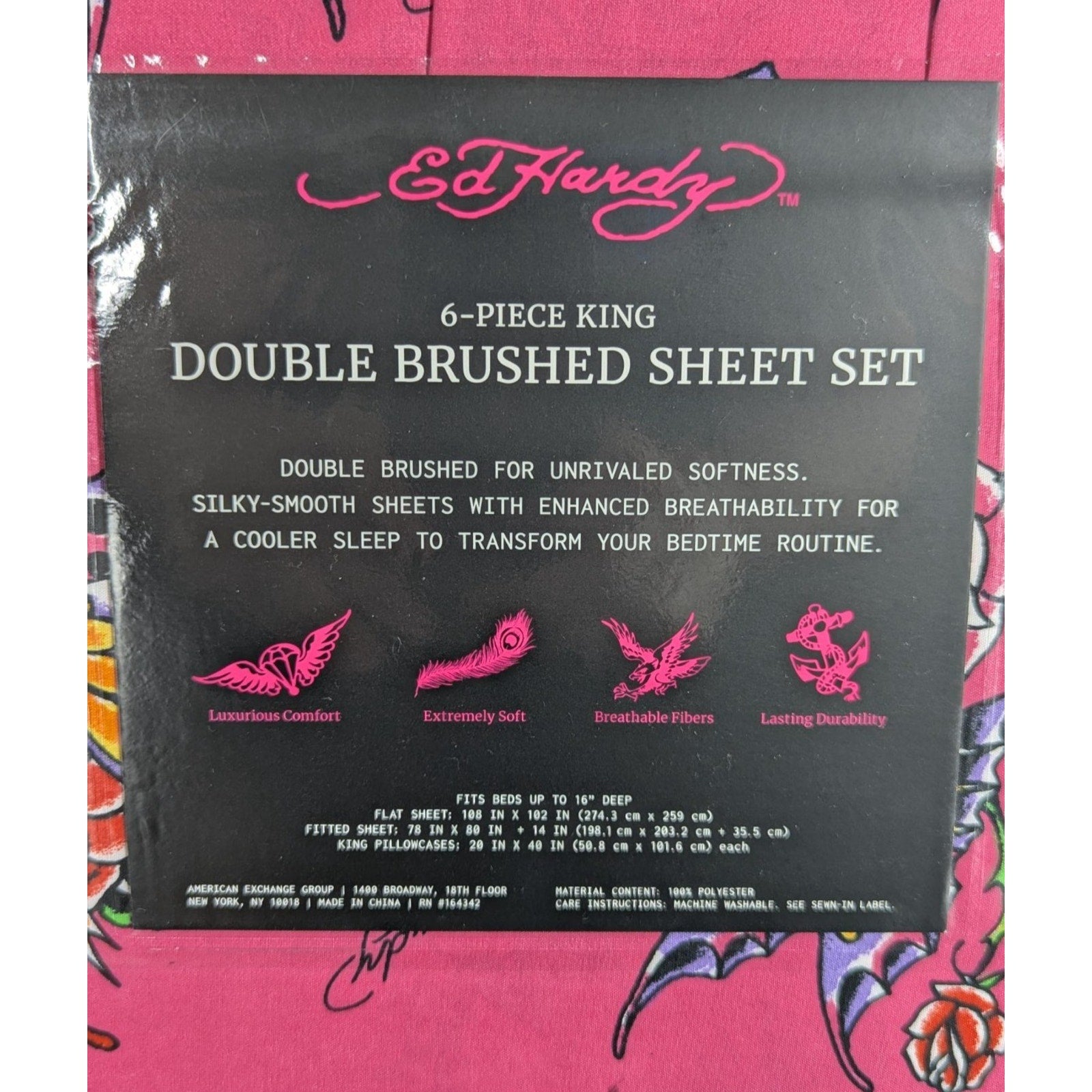 Ed Hardy 6 pc King Sheet Set Skulls Roses Tattoo Print w/4 Pillowcases