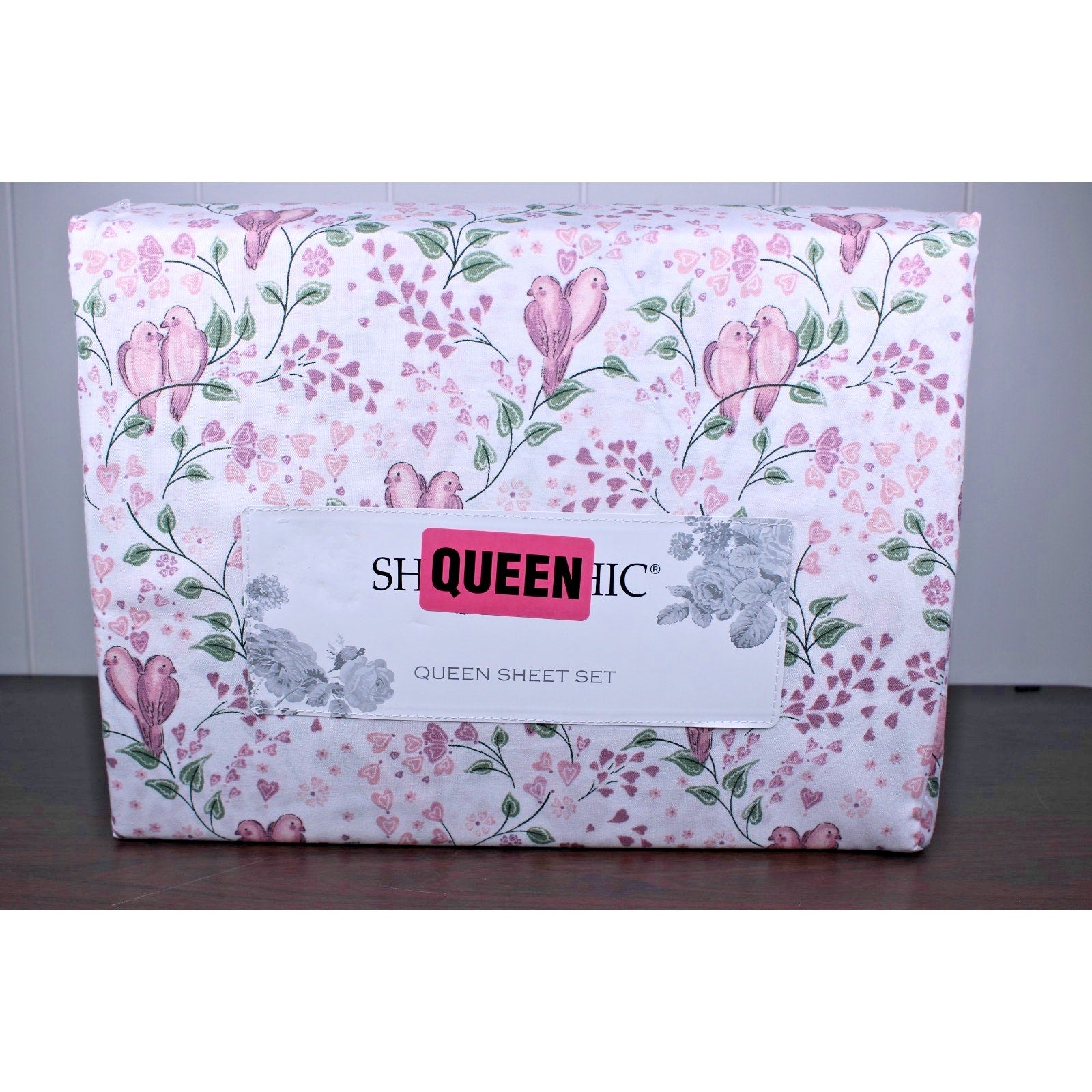 Shabby Chic Farmhouse Cottage Queen Sheet Set Pink and Mauve Lovebirds & Hearts