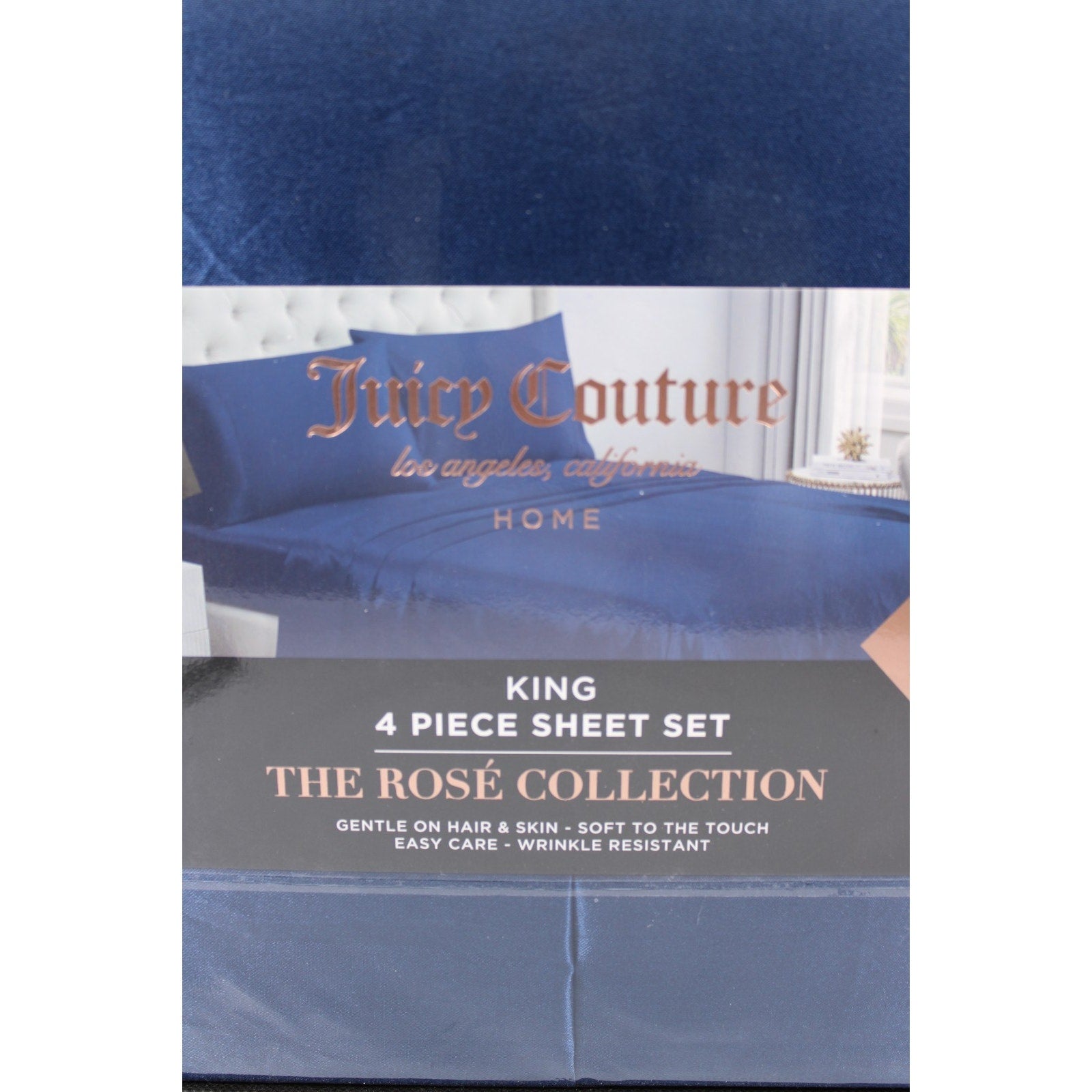 JUICY COUTURE 4-Piece Blue Satin Sheet Set - King Size - The Rosé Collection
