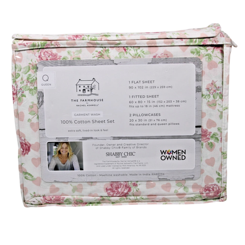 THE FARMHOUSE Rachel Ashwell 4 Pcs. White/Pink Queen Sheet Set Roses & Hearts