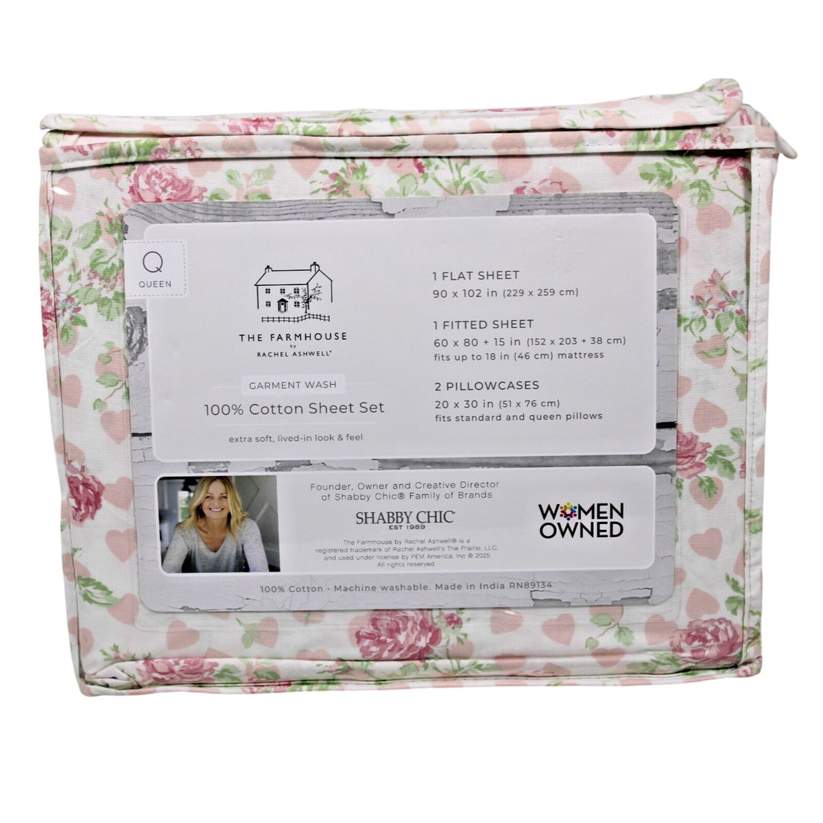 THE FARMHOUSE Rachel Ashwell 4 Pcs. White/Pink Queen Sheet Set Roses & Hearts