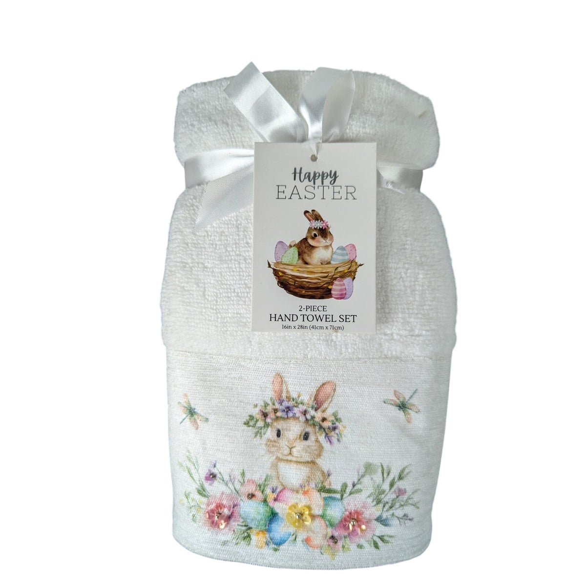 Easter Blessing Beaded Bunny Floral Hand Towels Set of 2, 16x28" 100% Cotton