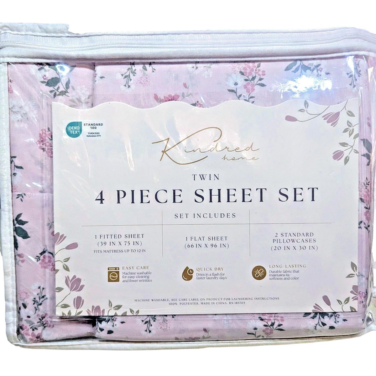 KINDRED HOME 4 PIECE PURPLE FLORAL DESIGN TWIN SHEET SET 1 EXTRA PILLOWCASE