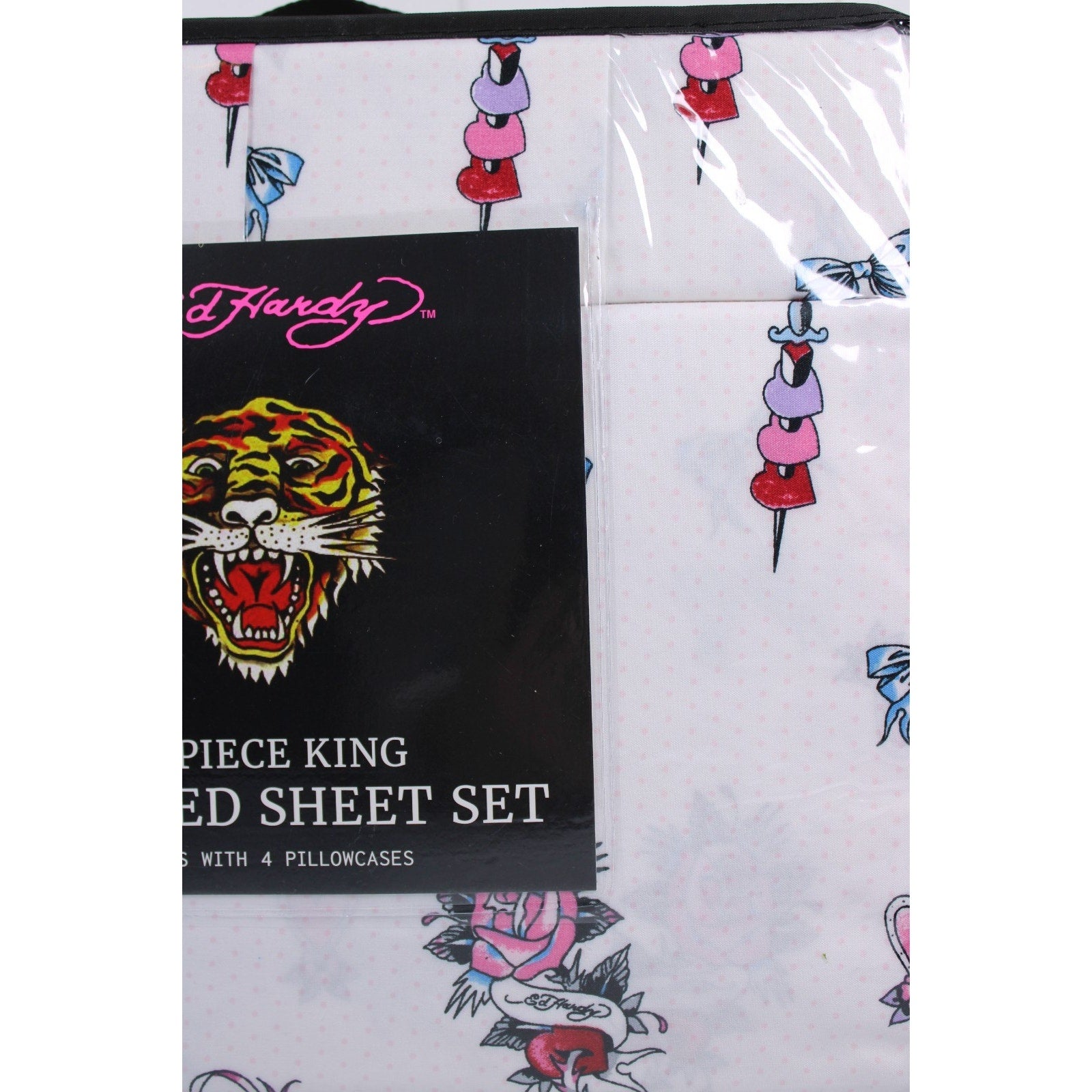 Ed Hardy KING 6pc Sheet Set with 4 Pillowcases Skulls, Bows, Roses, Hearts print
