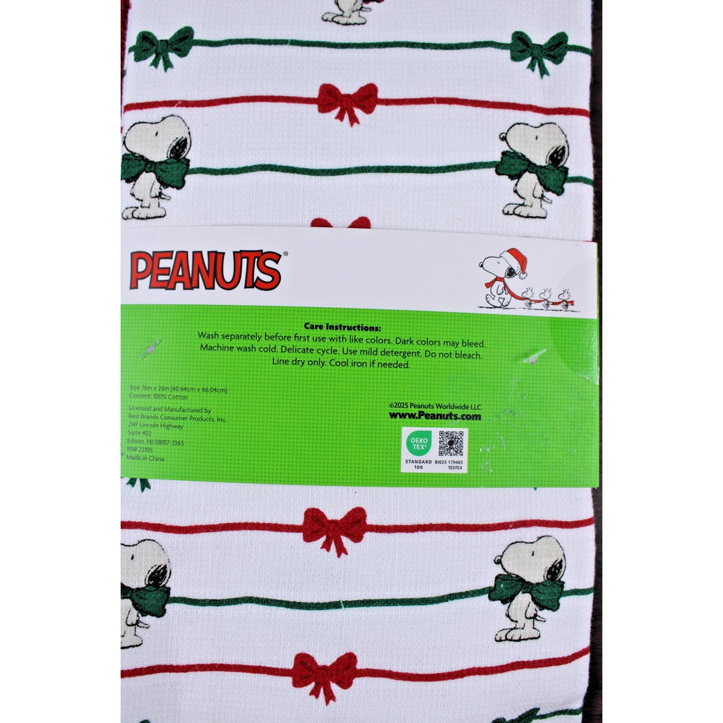 Peanuts Snoopy Red and Green Christmas Bows 3 pc Kitchen Towel Set 18x28 Cotton