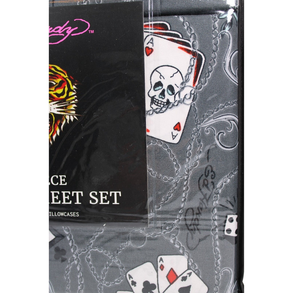 Ed Hardy 6 piece Queen Sheet Set Grey w/Cards &Tattoo Print with 4 Pillowcases