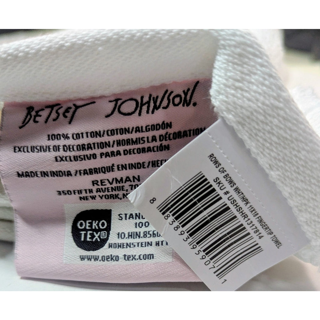 Betsey Johnson 2 Pk Fingertip Towels 11"x18" Pink Bows on White 100% Cotton