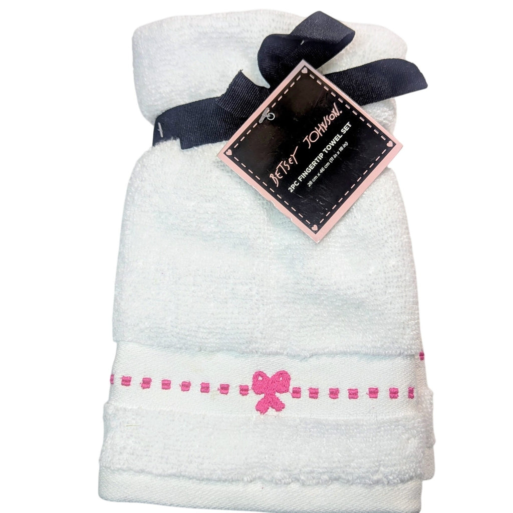 Betsey Johnson 2 Pk Fingertip Towels 11"x18" Pink Bows on White 100% Cotton