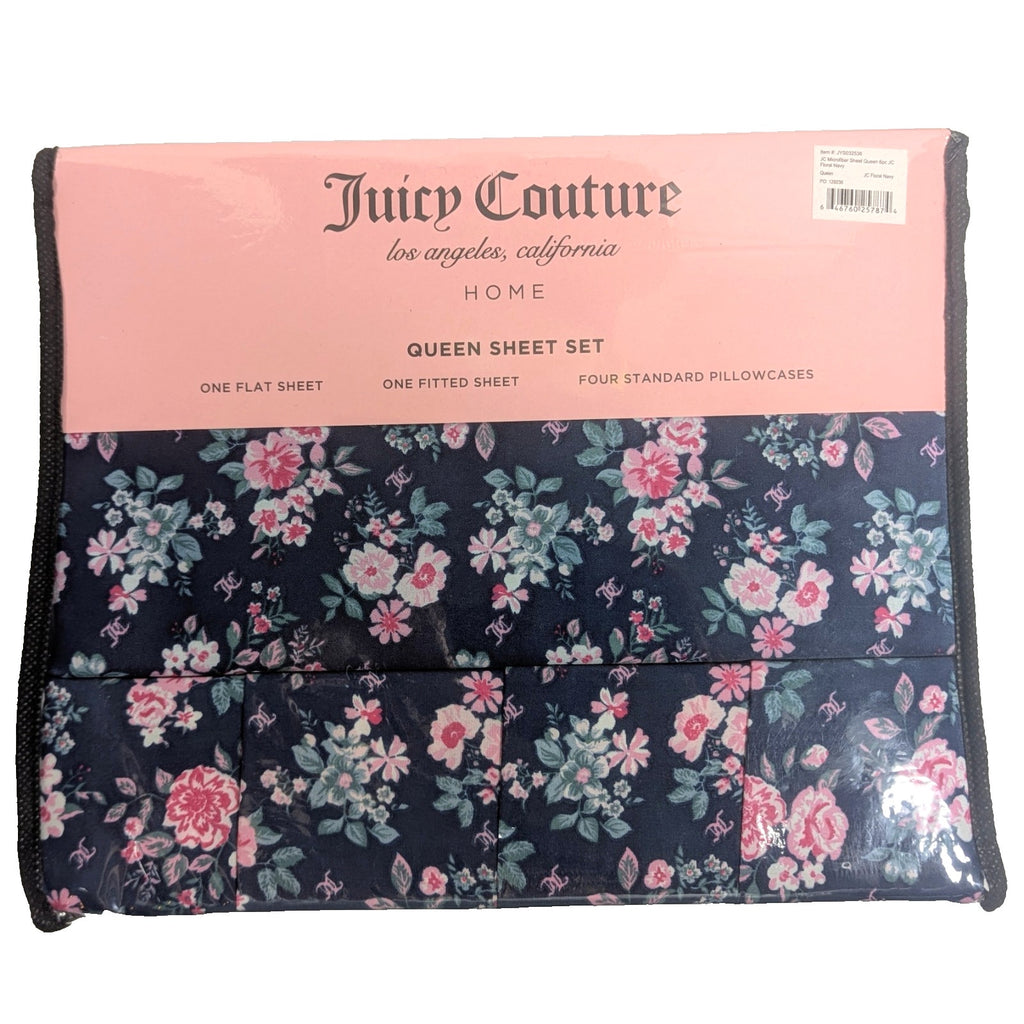 Juicy Couture Floral Roses Navy 6PC Queen Sheet Set JC logos