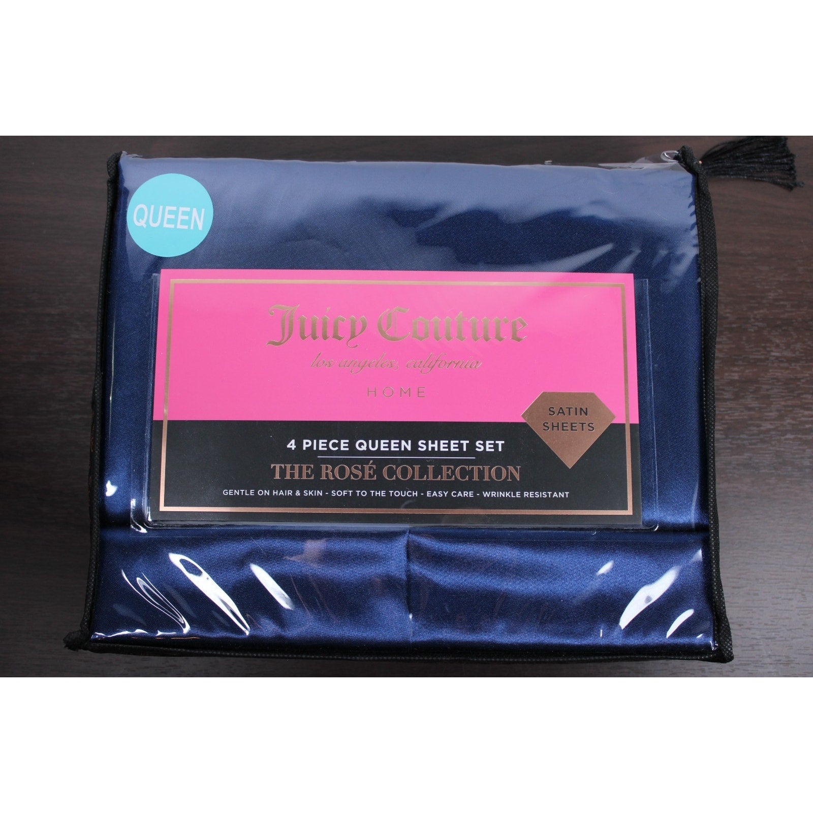 Juicy Couture Royal Blue Satin 4pc QUEEN Sheet Set Easy Care Soft Sleek Smooth