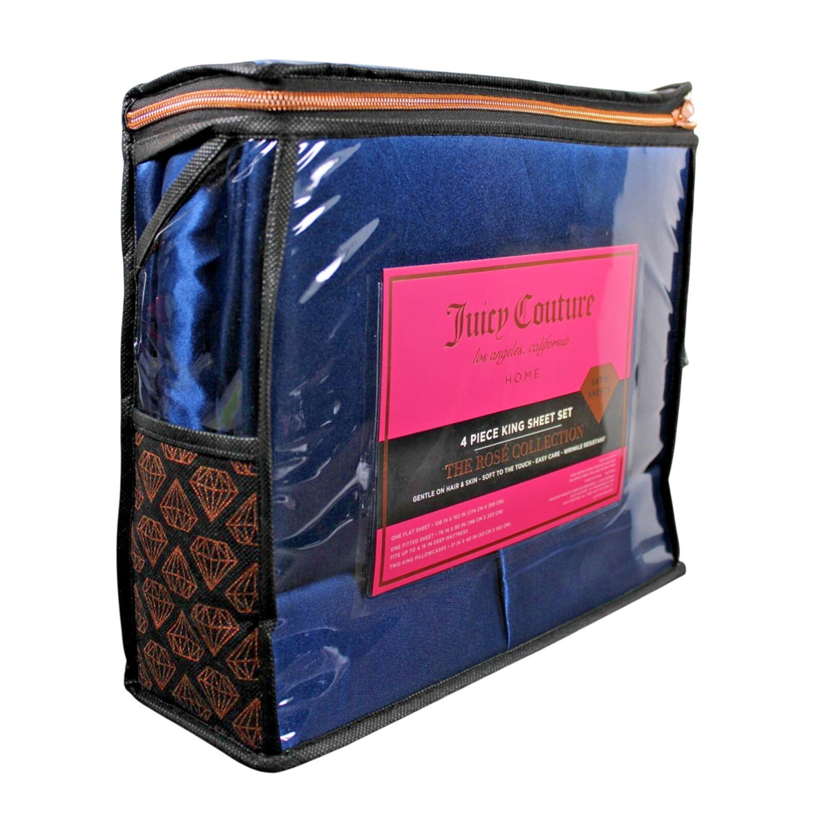 Juicy Couture Royal Blue Satin 4pc KING Sheet Set Easy Care Soft Sleek Smooth