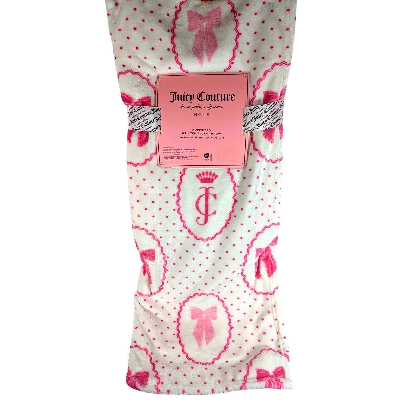 Juicy Couture HOME Oversized Plush Throw, 60x70, JC Logo, Pink Bows, Red Dots
