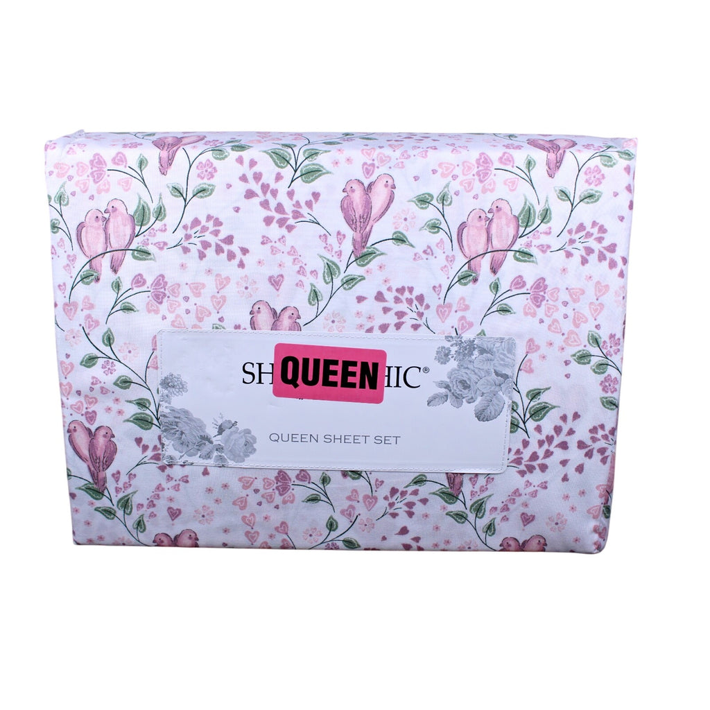 Shabby Chic Farmhouse Cottage Queen Sheet Set Pink and Mauve Lovebirds & Hearts
