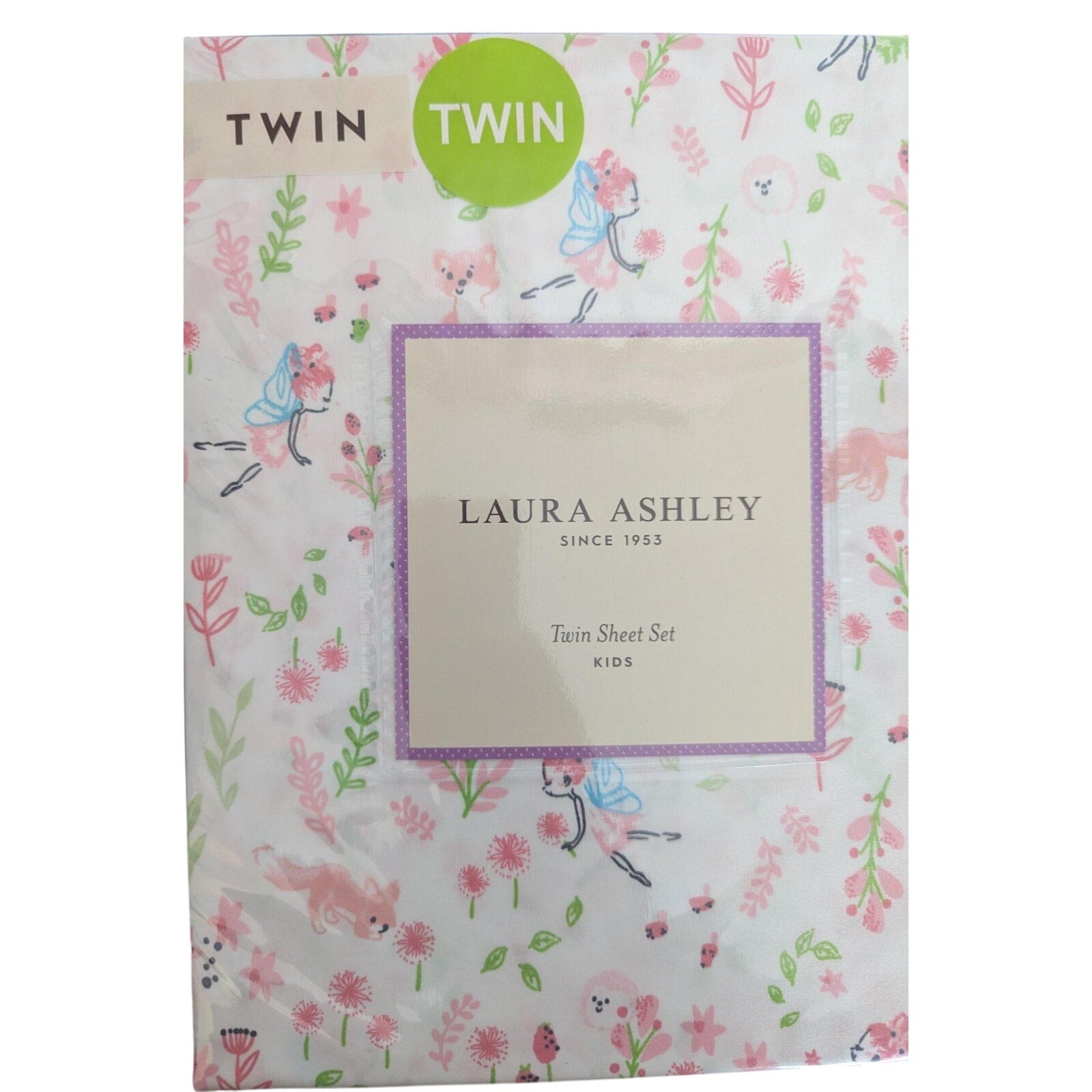 LAURA ASHLEY Spring Animal Flowers "Fairy Pink” 3- pc TWIN Sheet Set