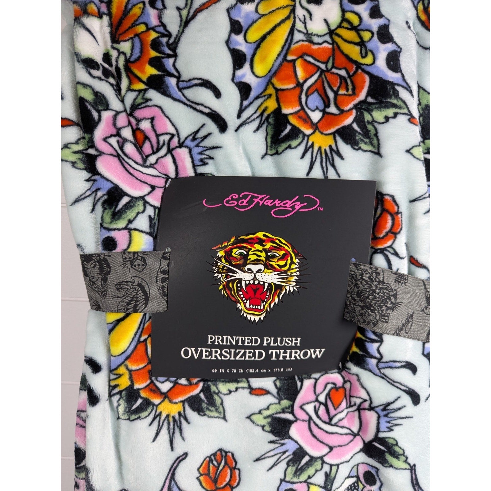 Ed Hardy Plush Oversized Throw Blanket Light Blue w/Skull Butterflies & Flowers