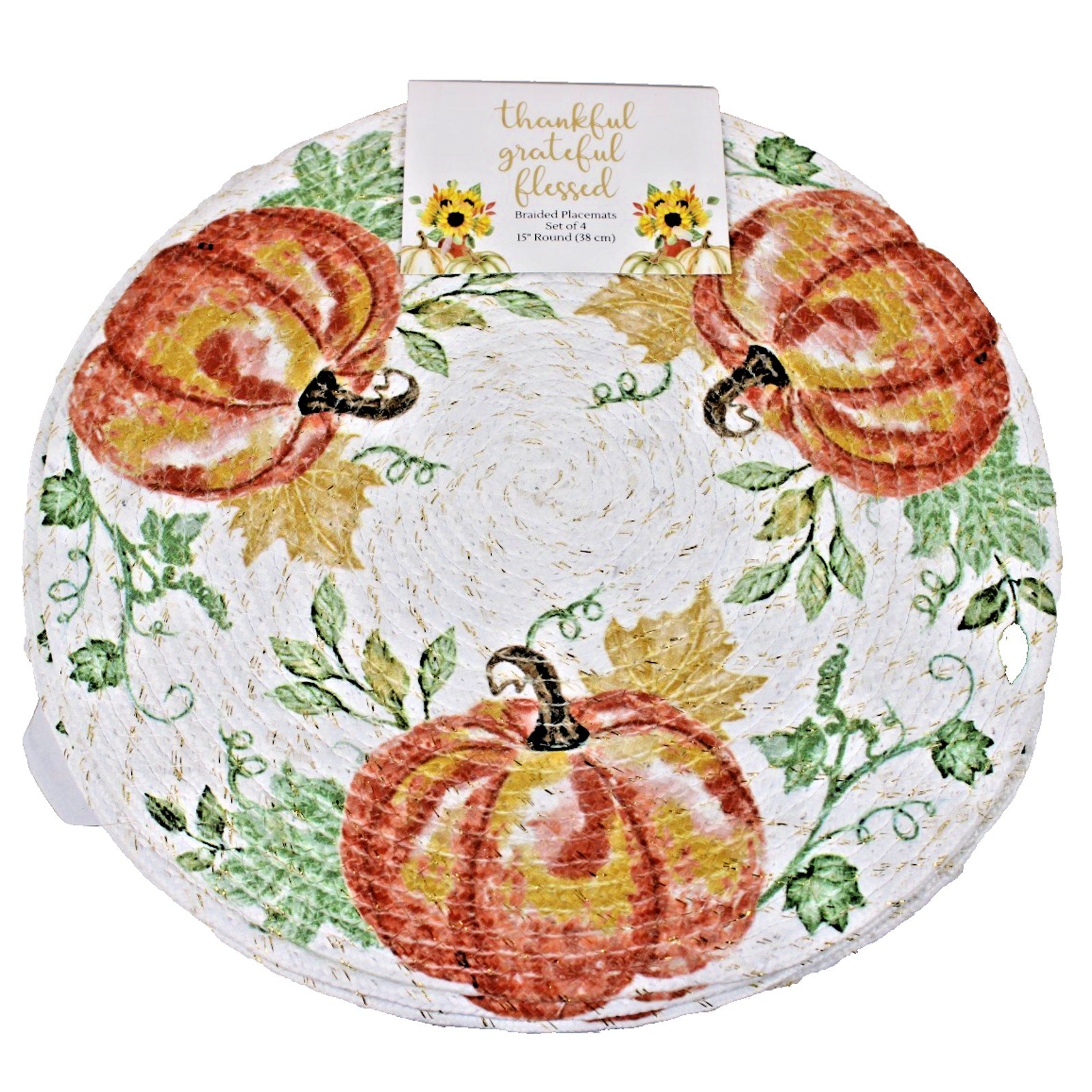 Pumpkins Thanksgiving Fall Harvest Braided Fabric Round Placemats Set of 4 -15"