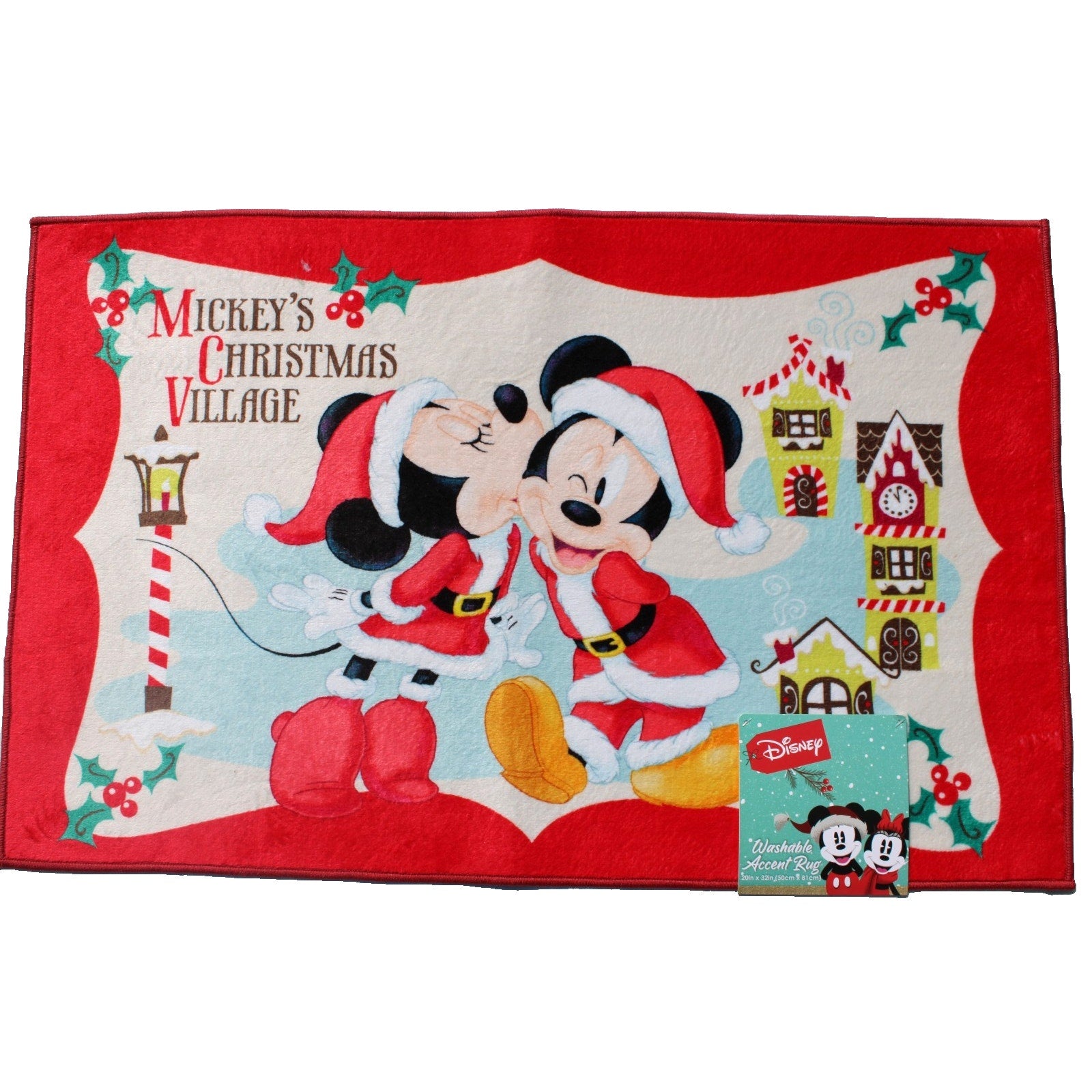 New Disney Mickey Minnie Mouse Christmas Village 20" X 32" Accent Rug Mat Red