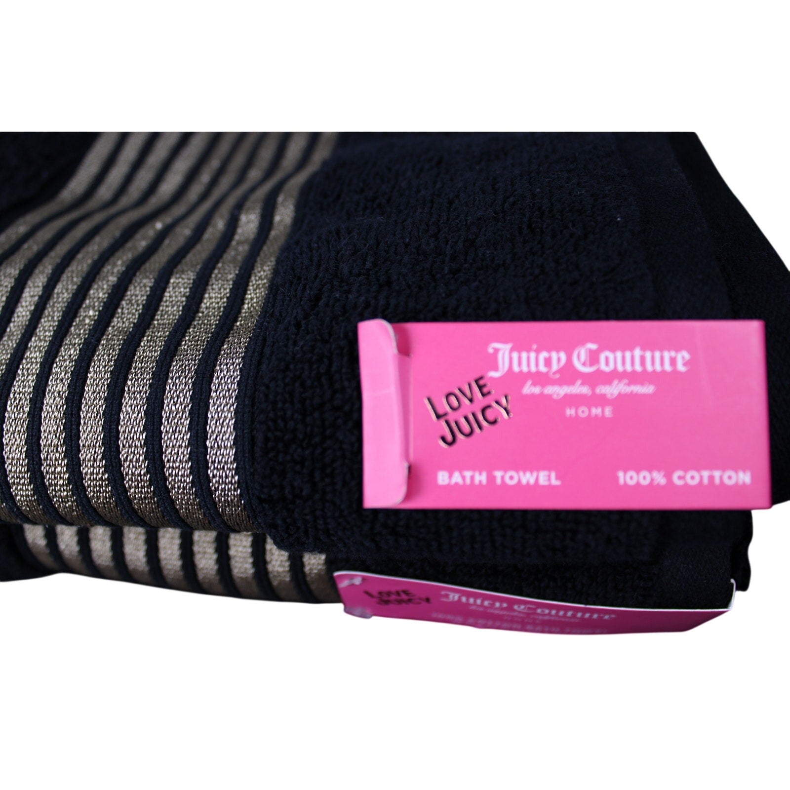 JUICY COUTURE 2psc Cotton Bath Towels, BLACK, Gold Stripes 100% Cotton 28"x54"