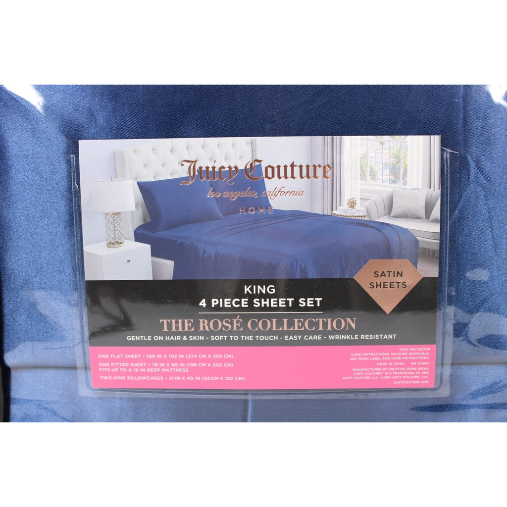 JUICY COUTURE 4-Piece Blue Satin Sheet Set - King Size - The Rosé Collection
