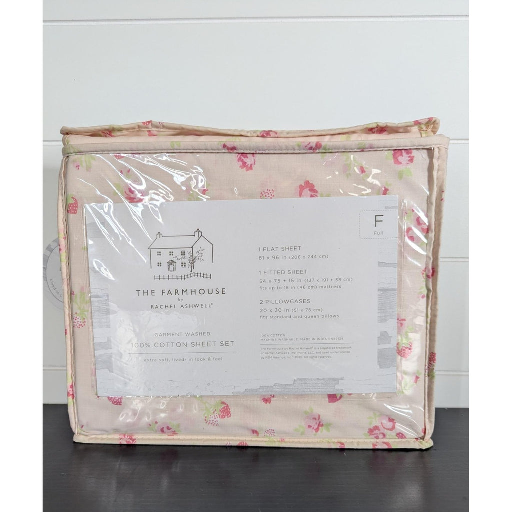 THE FARMHOUSE Rachel Ashwell FULL Pale Pink w/Strawberries & Flowers Sheet Set