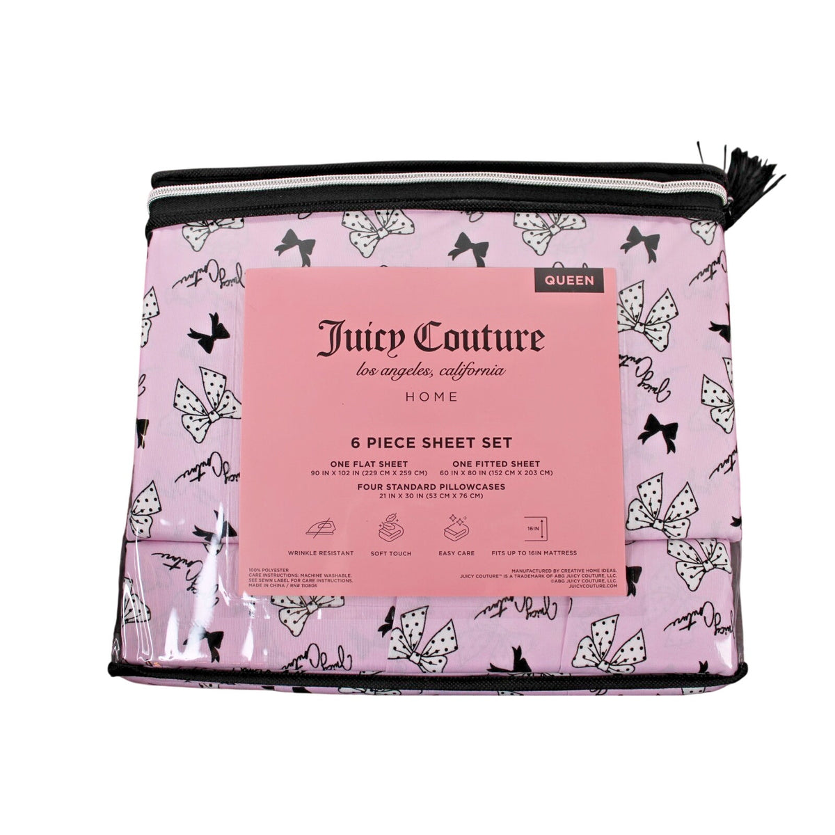 Juicy Couture Queen 6 pc Bed Sheet Set Pink & Black Polka Dot Bows