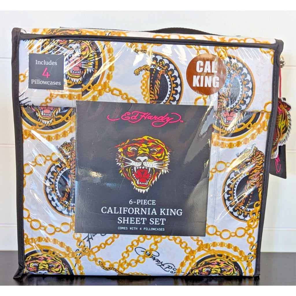 Ed Hardy White 6 pc Cal King Sheet Set Tigers Print w/4 Pillowcases