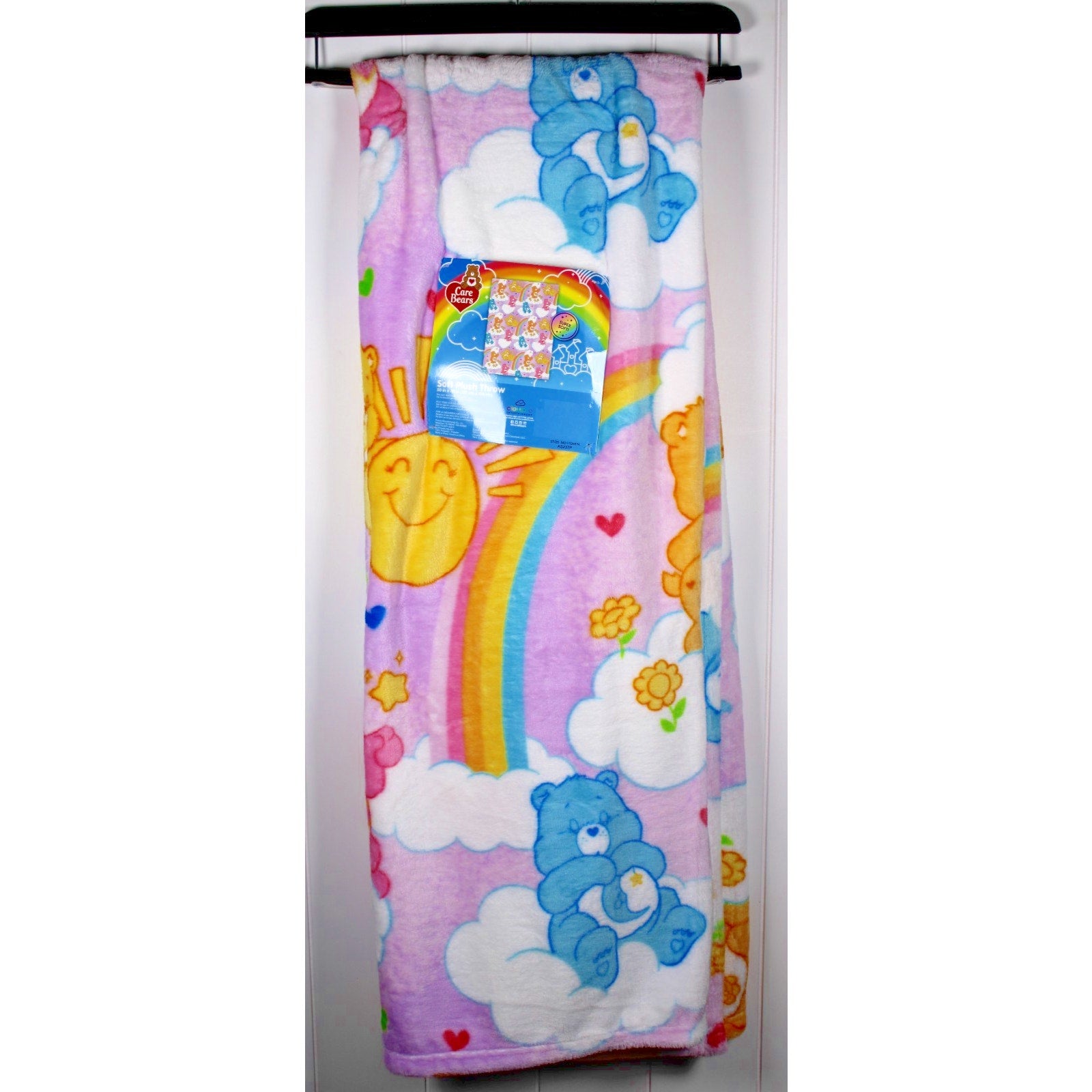 Care Bears Soft Throw Blanket Smiley Suns Rainbows Flowers and Clouds 50” X 70”