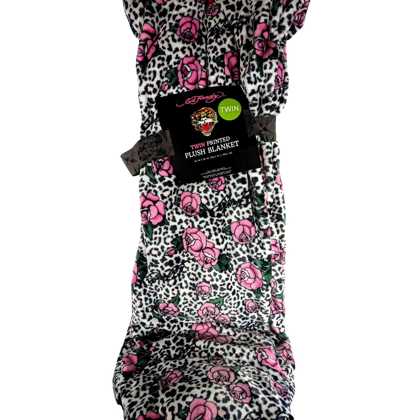 Ed Hardy Twin Plush Blanket Pink Roses White 60x90