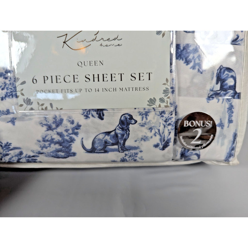 KINDRED HOME 6 pc Dogs, Floral design Queen Sheet Set 2 EX Pillowcases