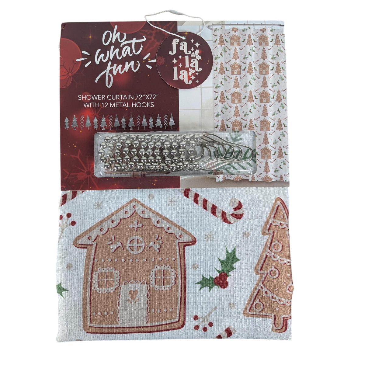 Oh What Fun Christmas Gingerbread Print Shower Curtain 72 X72,  12 Metal Hooks