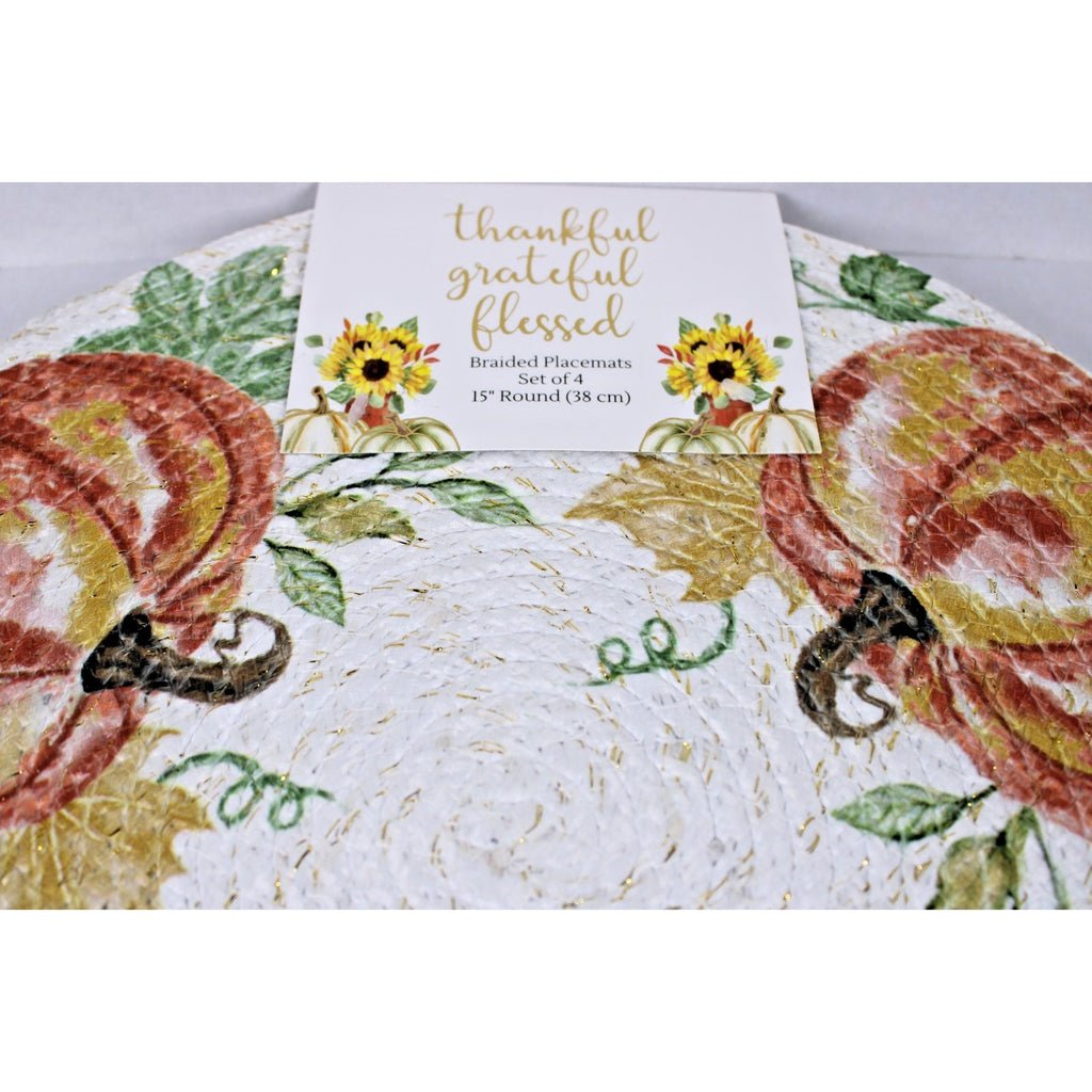 Pumpkins Thanksgiving Fall Harvest Braided Fabric Round Placemats Set of 4 -15"