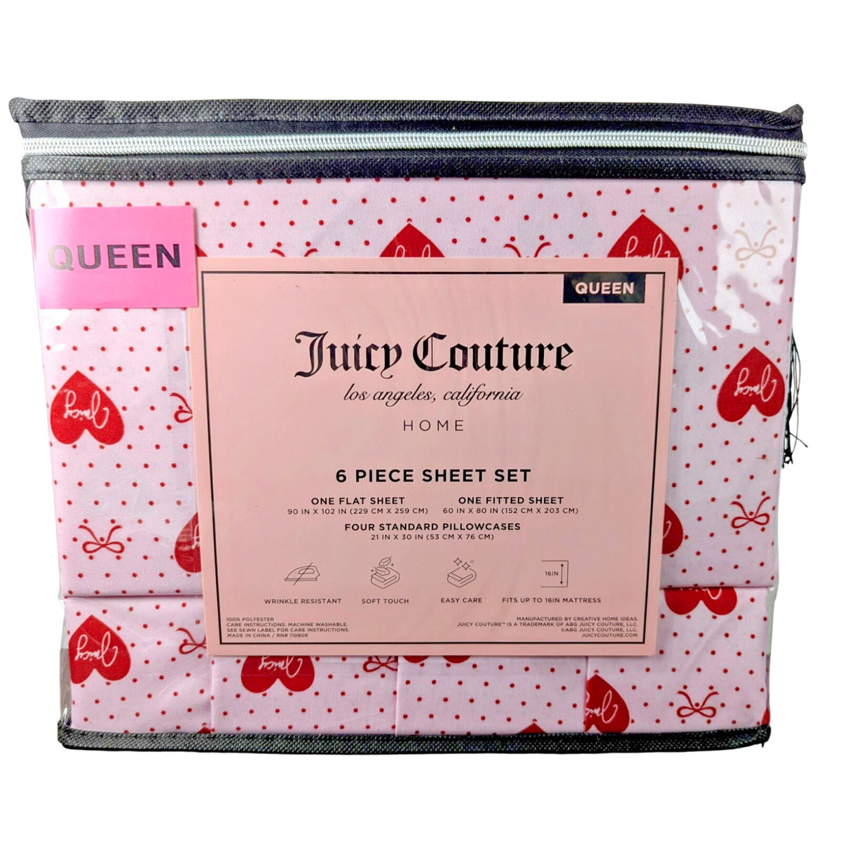 Juicy Couture Queen 6pc Sheet Set, Juicy Monogram, Red Hearts & Red Dots