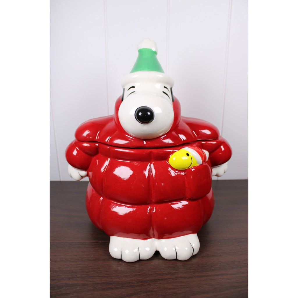 NEW Peanuts Snoopy Red Puffer Jacket Woodstock Cookie Jar Canister Christmas