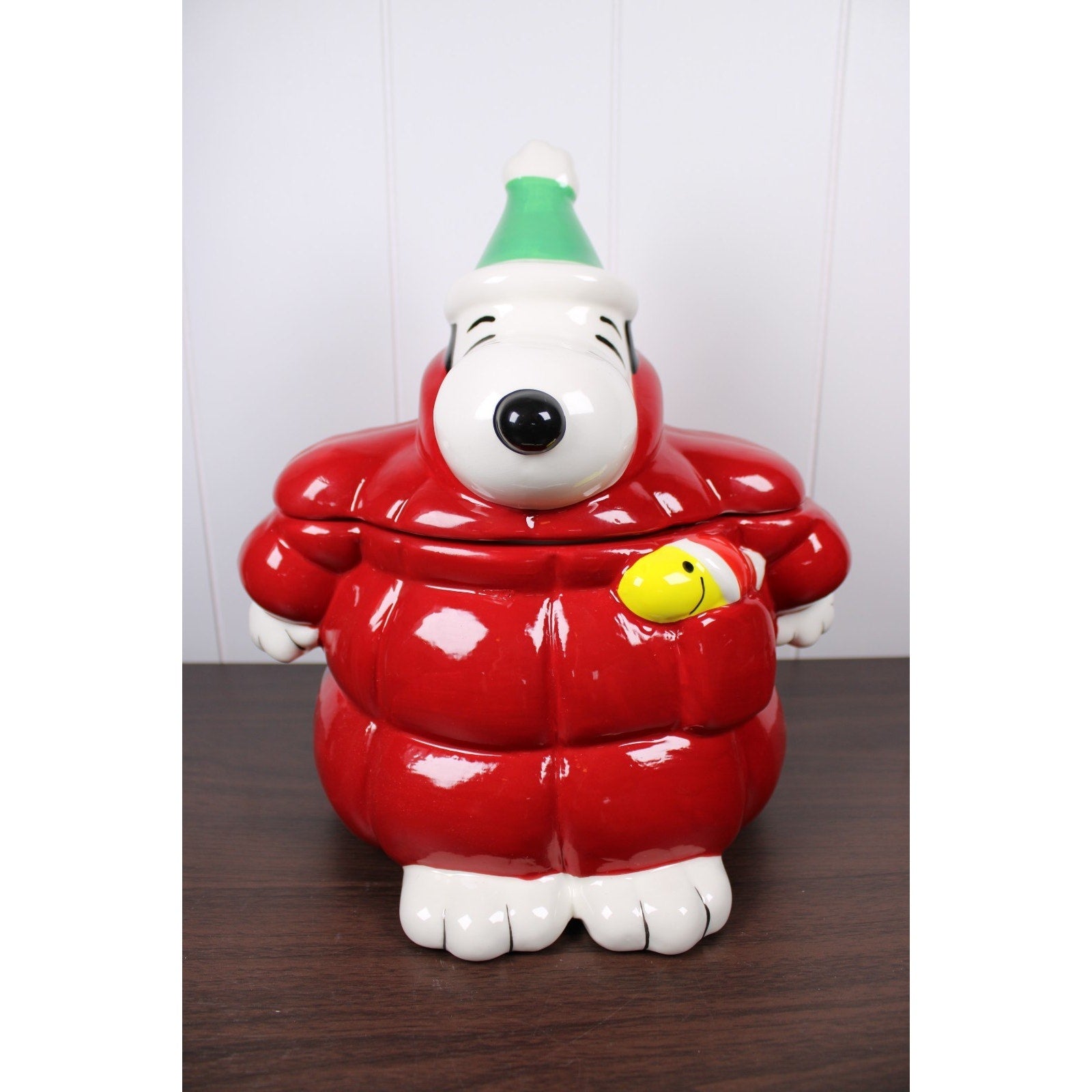 NEW Peanuts Snoopy Red Puffer Jacket Woodstock Cookie Jar Canister Christmas