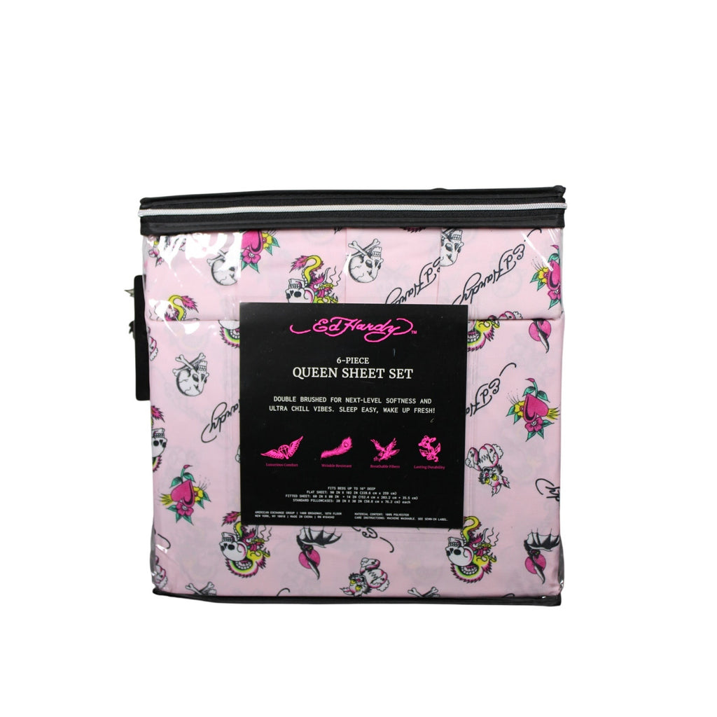 Ed Hardy with Skulls, Bats, Bunnies, Hearts, Flowers  6pc Queen Pink Sheet Set