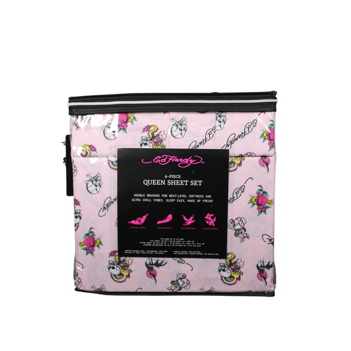 Ed Hardy with Skulls, Bats, Bunnies, Hearts, Flowers  6pc Queen Pink Sheet Set
