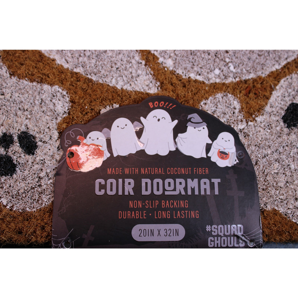 Halloween Ghosts Natural Coir Doormat Non-Slip "HEY BOO"  20x32in - NEW