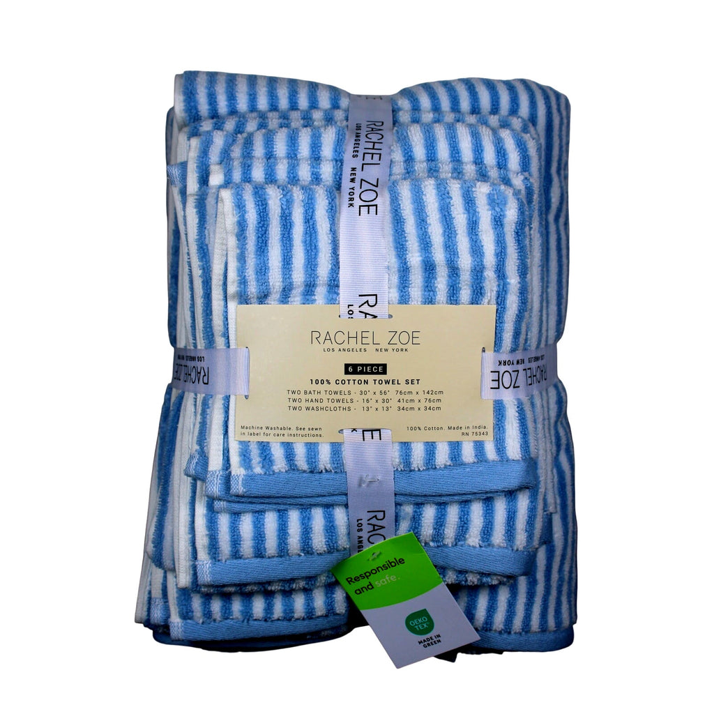 Rachel Zoe Home 6 Piece Bath Towel Set Blue & White Stripes 100% Cotton, New