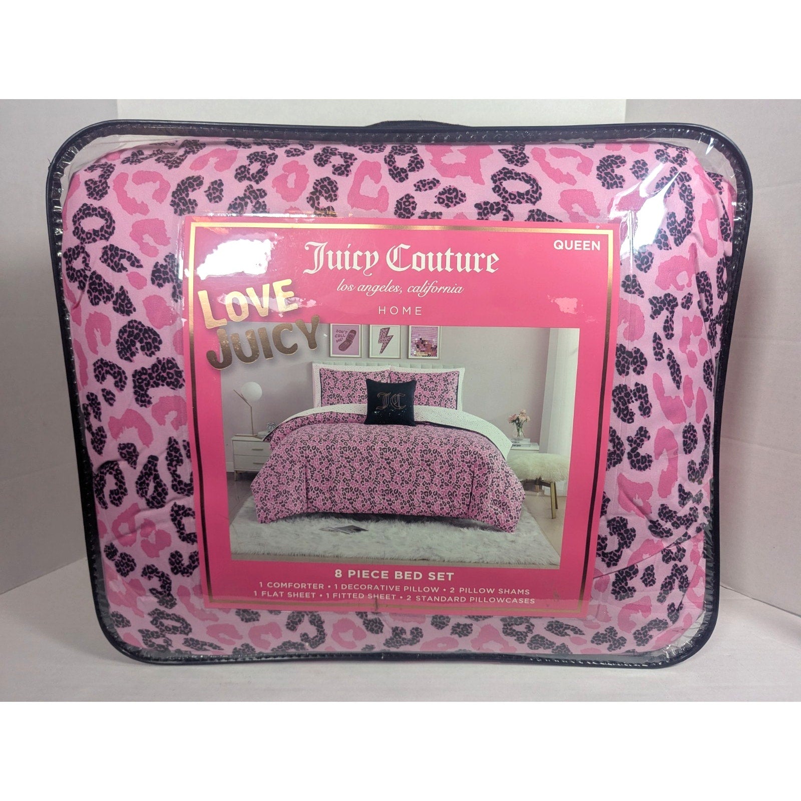 Juicy Couture Pink/Black Leopard 8pc QUEEN Bed Set Comforter,Shams,Sheets,Pillow