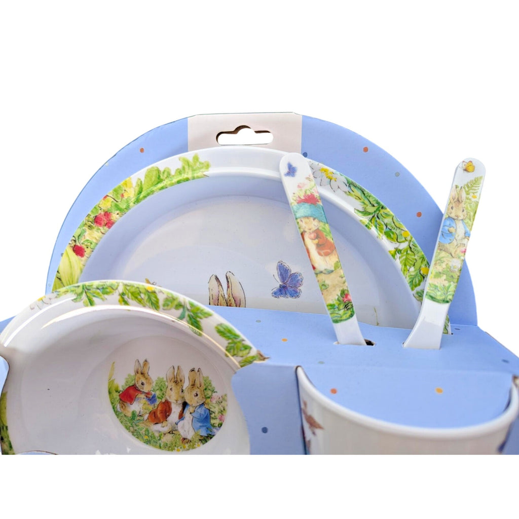 Peter Rabbit 5 Pc Kids Dinner Set Melamine Plate Bowl Cup Cutlery New