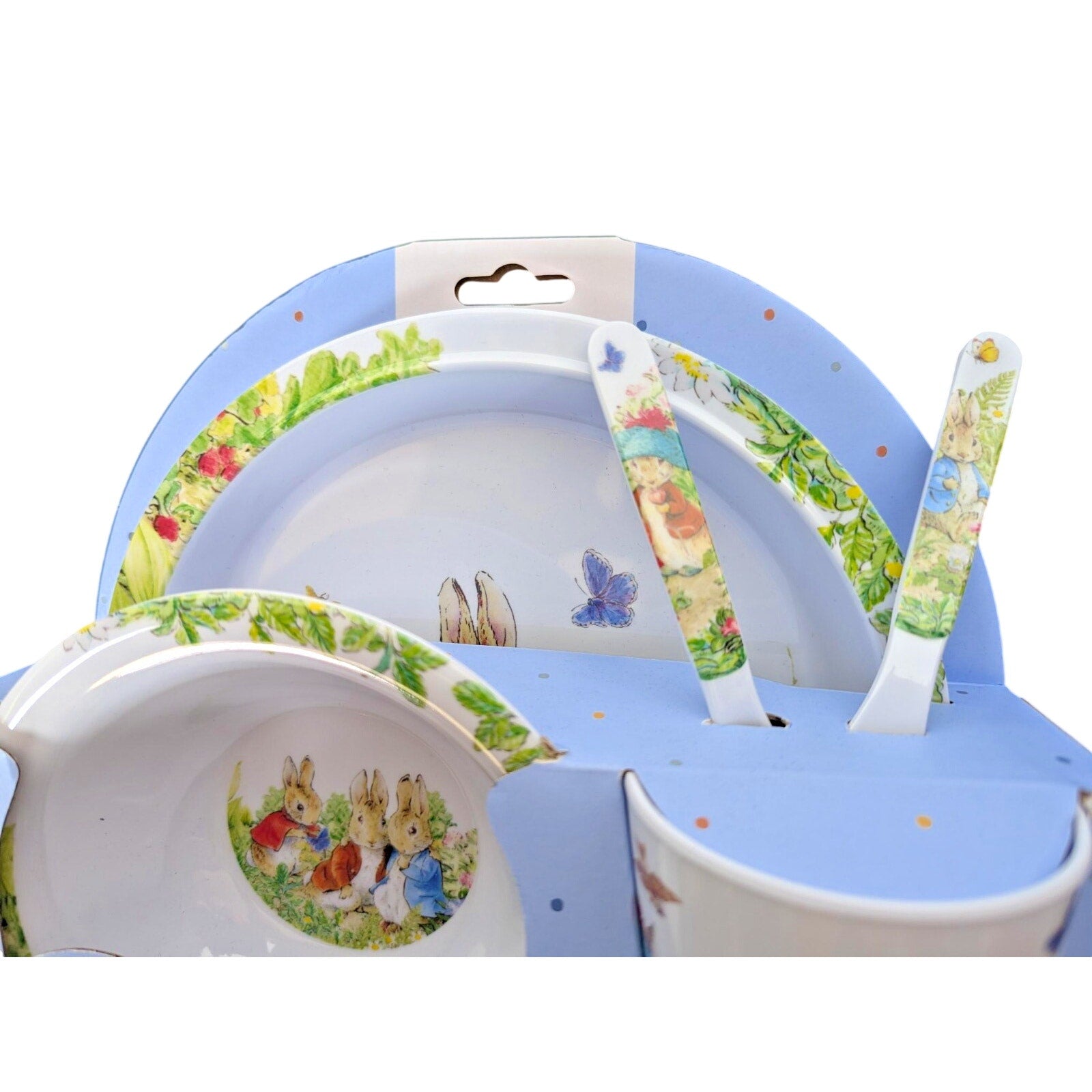 Peter Rabbit 5 Pc Kids Dinner Set Melamine Plate Bowl Cup Cutlery New