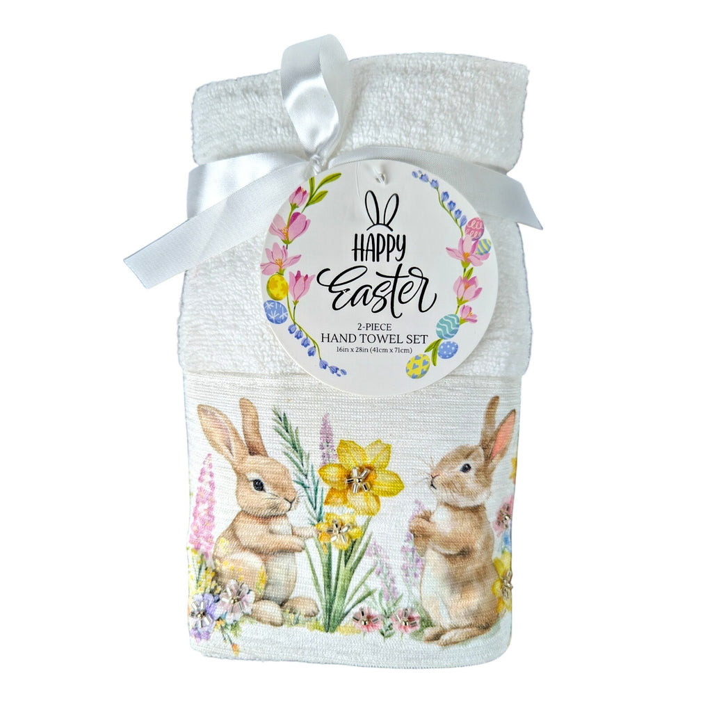 Happy Easter Spring Beaded Bunny Floral Hand Towels Set of 2, 16x28" 100% Cotton