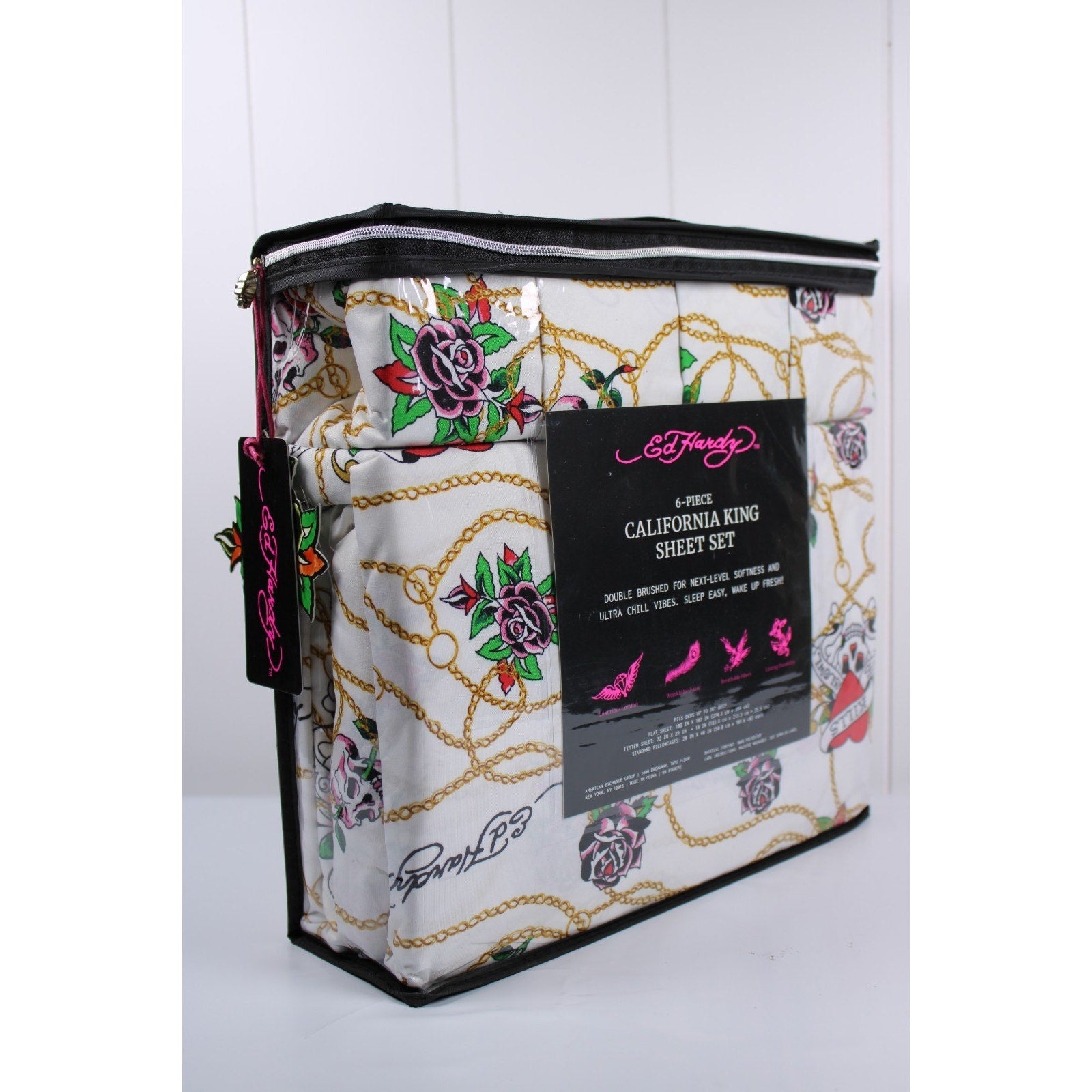 Ed Hardy White 6 pc Cal King Sheet Set Skulls Roses Tattoo Print w/4 Pillowcases